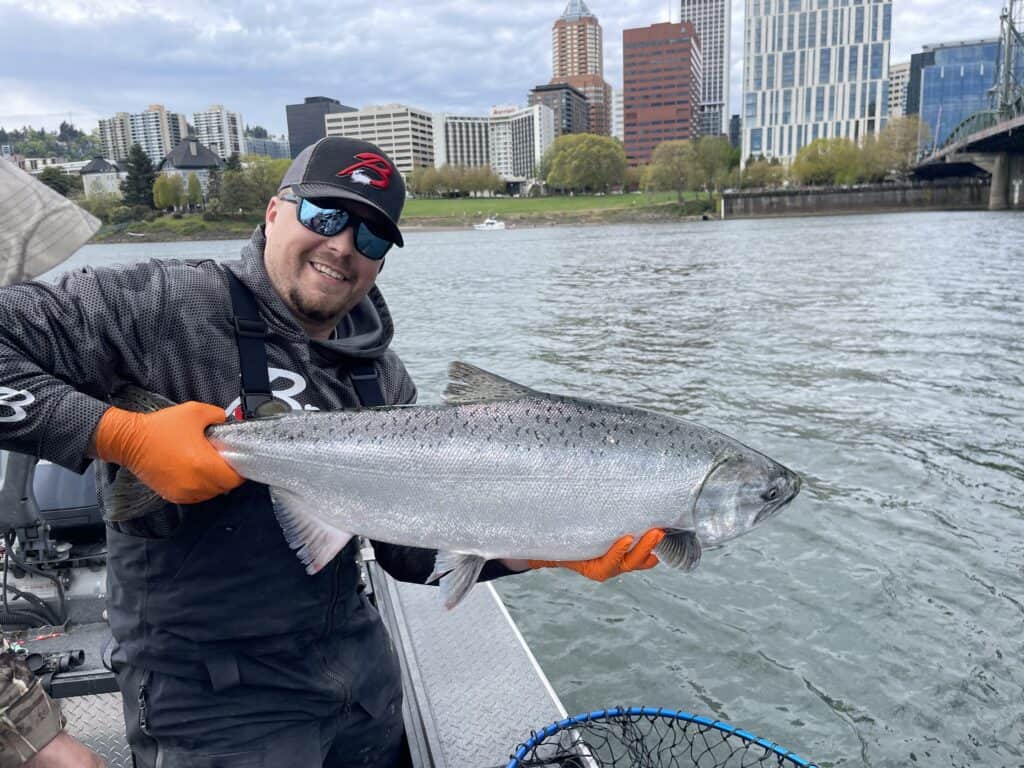 Captain Steve holding a nice spring chinook on the Willamette River in Downtown Portland